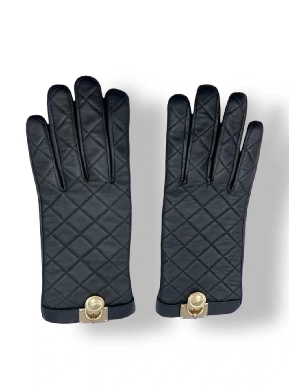 Michael Michael Kors Quilted Black Leather Gloves with Gold Detail
